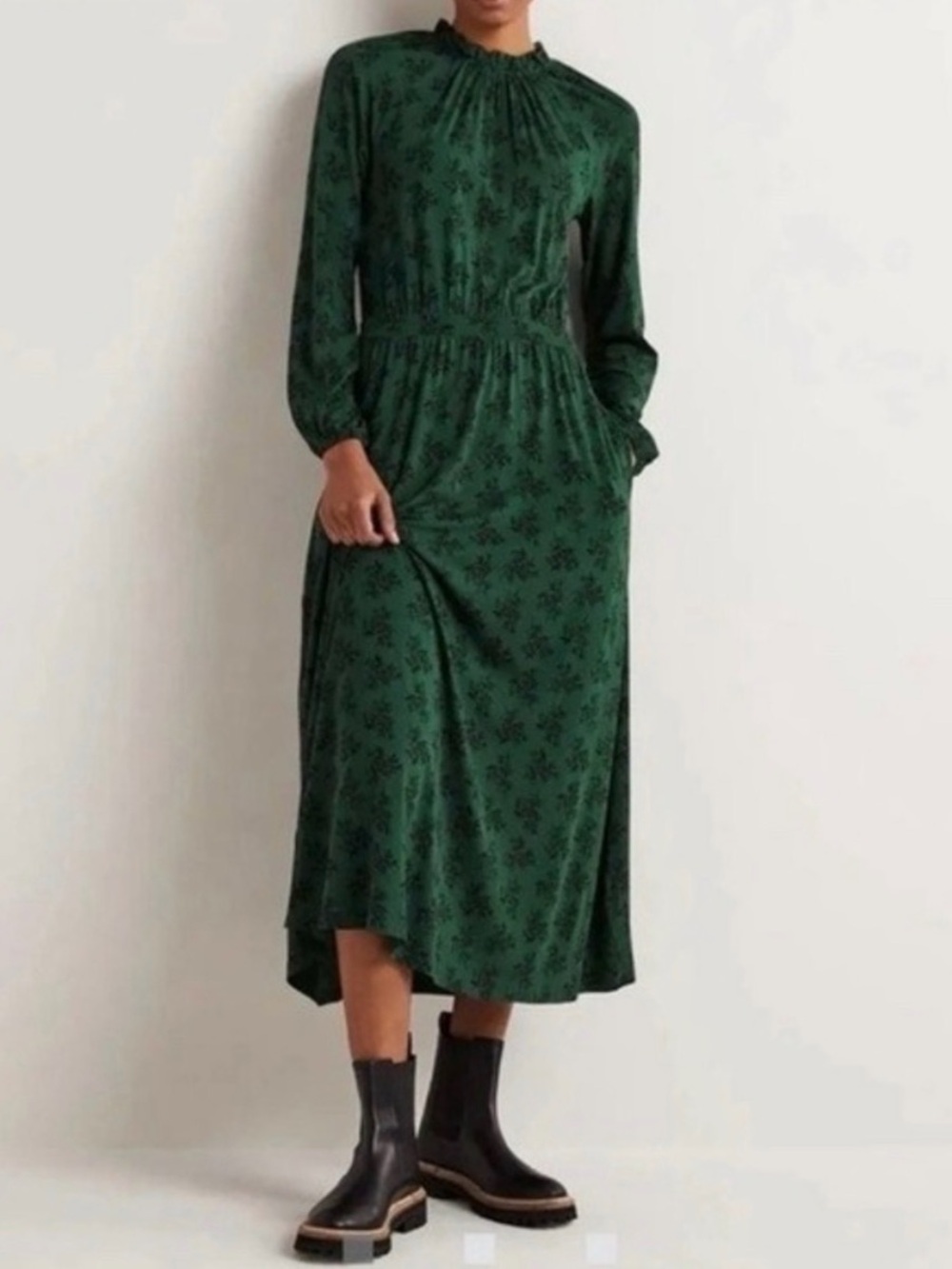 Boden Green Floral Ruffle Neck Midi Dress Long Sleeve Pockets Size 6 NWT